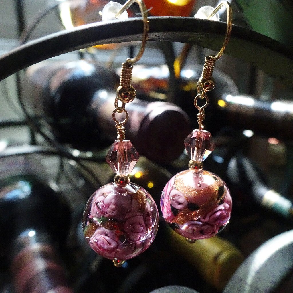 Handcrafted Pink Floral Murano Earrings With Gold-Filled Earwires.